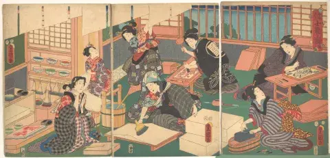 Utagawa Kunisada, 'Ambachtsmensen' uit de serie 'Een recente parodie op de vier klassen' (1857).