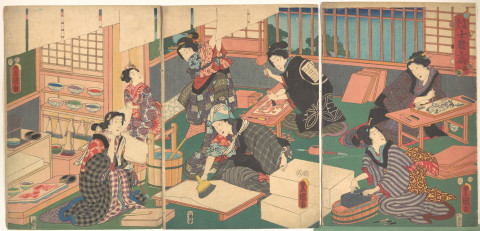 Utagawa Kunisada, 'Ambachtsmensen' uit de serie 'Een recente parodie op de vier klassen' (1857).