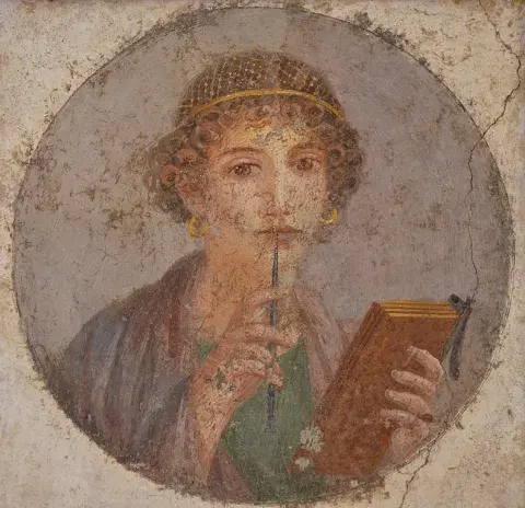 Fresco van een vrouw met wastablet en stylus (soms Sappho genoemd) uit Pompeii.